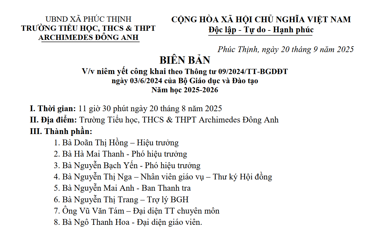 Biên bản về việc niêm yết công khai theo Thông tư 09/2024/TT-BGDĐT