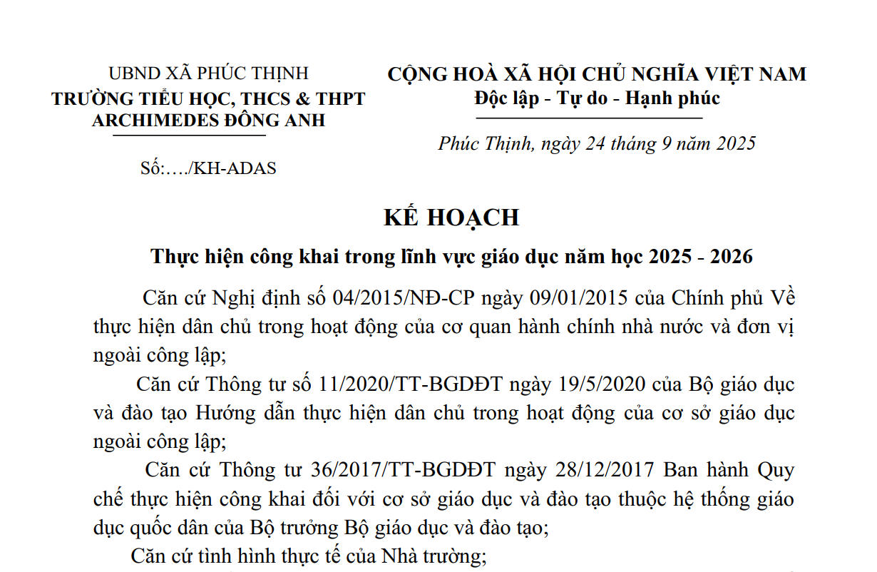Kế hoạch thực hiện công khai trong lĩnh vực giáo dục năm học 2025 - 2026