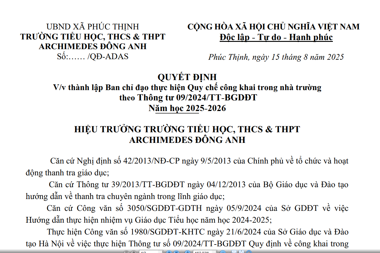 Quyết định về việc thành lập Ban chỉ đạo thực hiện Quy chế công khai trong nhà trường 