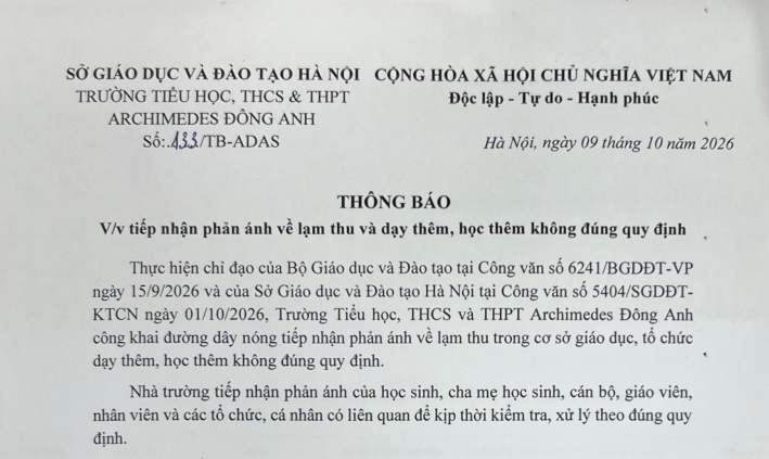 Thông báo về việc tiếp nhận phản ánh lạm thu và dạy thêm, học thêm không đúng quy định