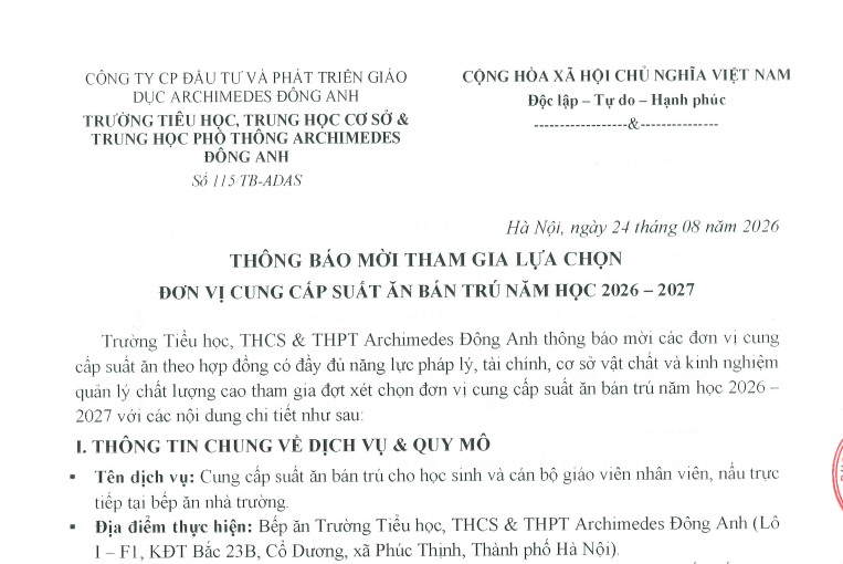 Thông báo mời tham gia lựa chọn đơn vị cung cấp suất ăn bán trú năm học 2026 - 2027
