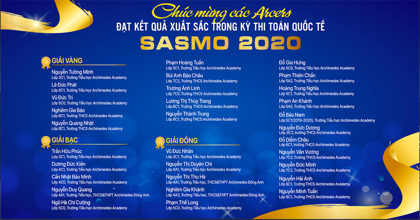 CHÚC MỪNG THÀNH TÍCH CỦA CÁC ARCERS TẠI KỲ THI TOÁN QUỐC TẾ SASMO 2020